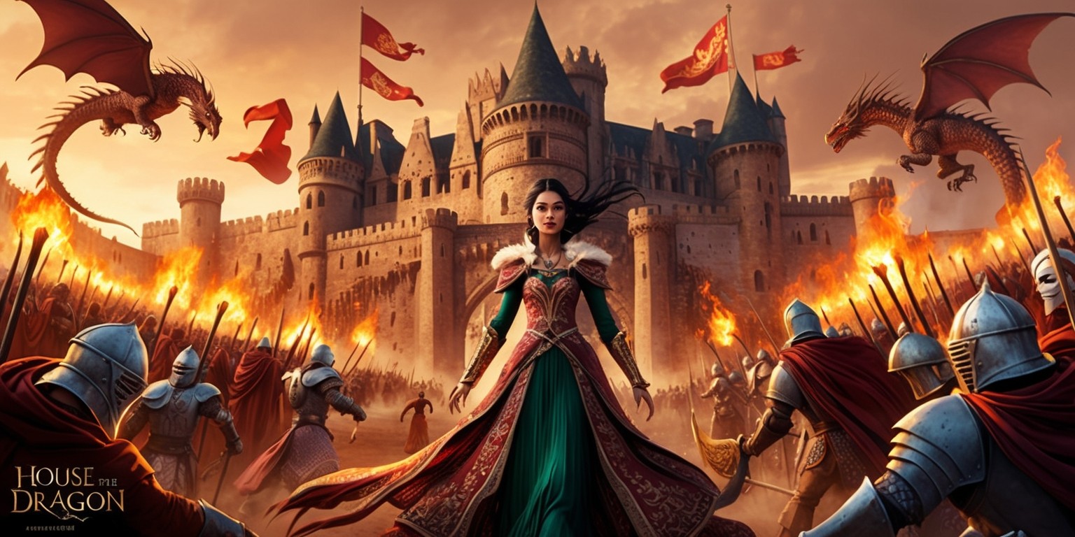 A majestic, atmospheric illustration depicting a pivotal scene from the House of the Dragon series, set against a warm, golden sunset backdrop, with the sprawling, Gothic-inspired Red Keep castle in the foreground, its stone walls adorned with intricate carvings and fluttering Targaryen banners. In the midst of the turmoil, a regal, raven-haired princess, possibly Rhaenyra or Alicent, stands proudly, clad in ornate, flowing attire, with a determined expression and piercing, emerald-green eyes, surrounded by fiery torches, armor-clad knights, and majestic, scale-covered dragons. The artwork exudes a sense of drama, power, and ancient magic, with bold brushstrokes, rich textures, and a blend of warm, earthy tones, evoking a sense of medieval grandeur and fantasy.