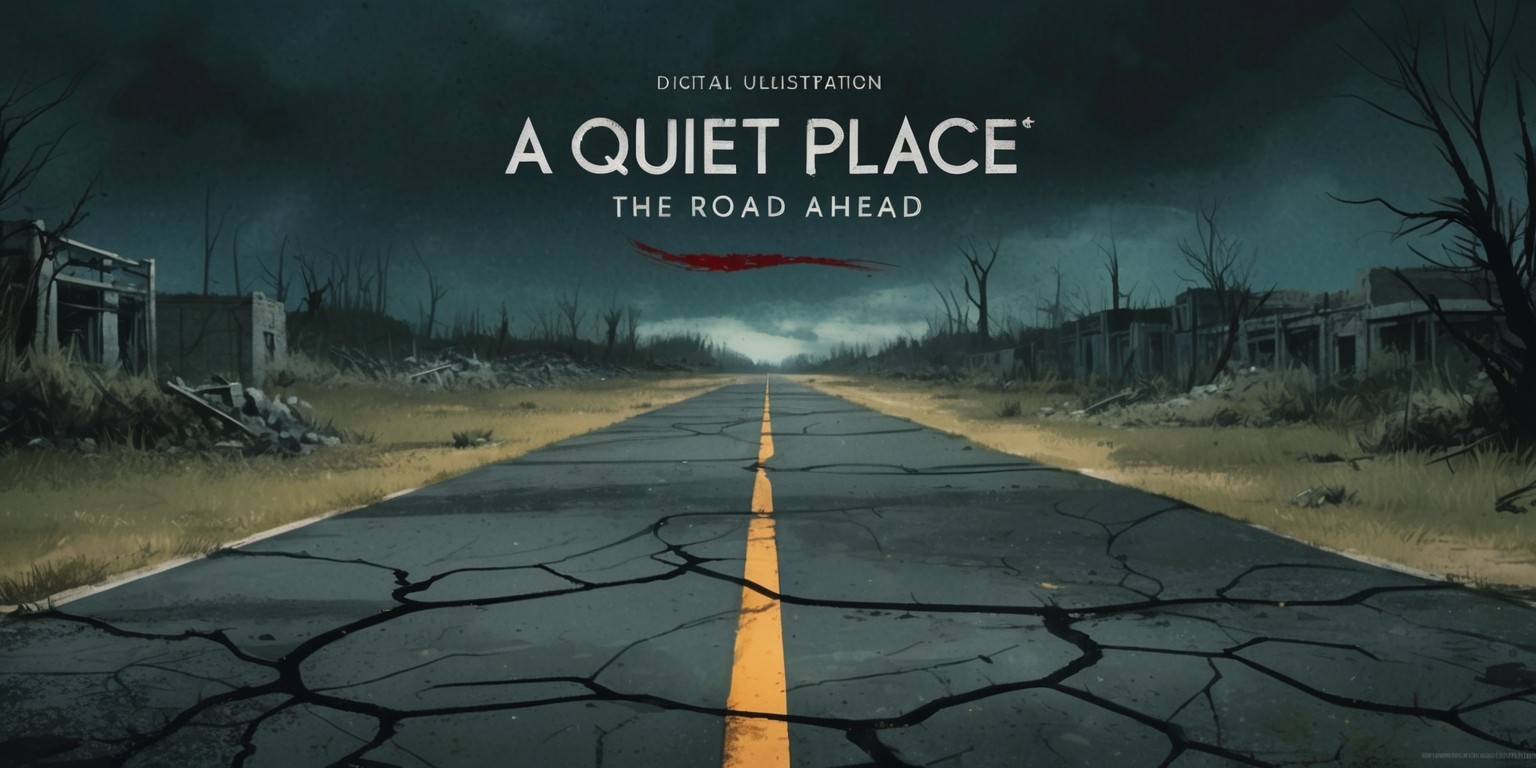 A hauntingly beautiful digital illustration depicting a eerie, post-apocalyptic landscape inspired by A Quiet Place: The Road Ahead game, with muted, earthy tones of olive green, beige, and gray, set against a foreboding dark blue sky with hints of crimson, conveying a sense of unease and tension, the composition focusing on a worn, cracked asphalt road stretching into the distance, flanked by overgrown vegetation and the remnants of abandoned buildings, with few subtle hints of the terrifying creatures lurking in the shadows, the overall mood evoking a feeling of trepidation and survival, with a sense of hope lingering on the horizon, the illustration style blending realistic textures with stylized, atmospheric lighting, reminiscent of a cinematic poster.