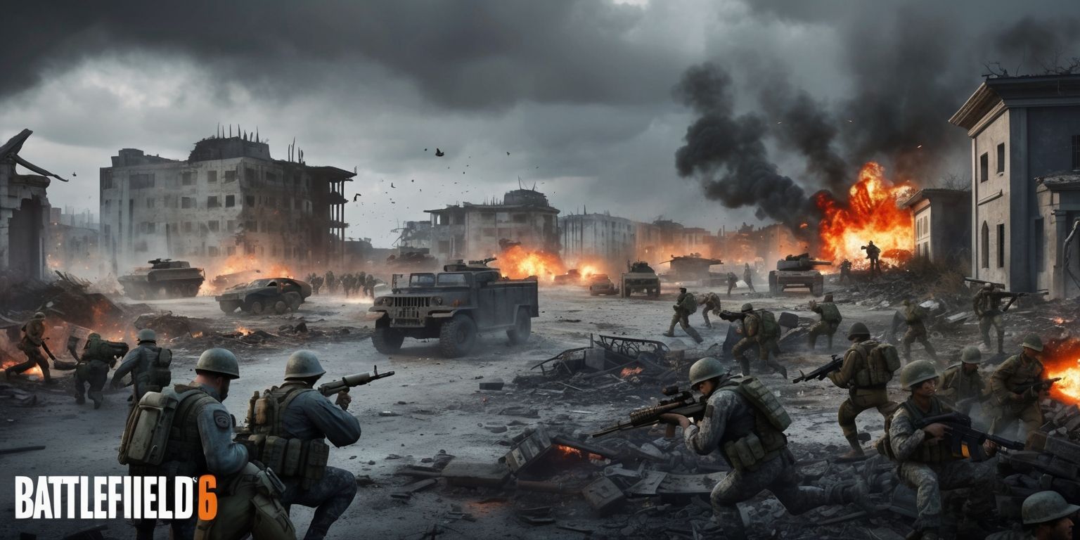 A dramatic and intense scene from the Battlefield 6 game, with a vast, war-torn landscape, featuring destroyed buildings, burning vehicles, and debris-filled streets, set against a gray and cloudy sky with explosions and smoke in the background, soldiers in military uniforms, with weary facial expressions, and worn gear, from different ethnicities, with varied skin tones, are scattered throughout the scene, some taking cover, others engaging in fierce combat, with a mix of assault rifles, machine guns, and grenades, the atmosphere is chaotic and tense, with a focus on the gritty, realistic, and immersive gameplay, the color palette is muted, with shades of brown, gray, and green, with splashes of orange and red from the explosions and fire, the overall style is photorealistic, with a cinematic feel, and a sense of depth and scale.