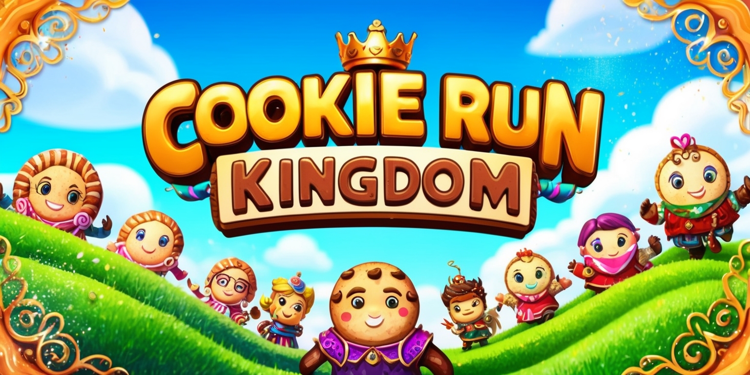 A vibrant and colorful illustration of the Cookie Run: Kingdom mobile app, showcasing its whimsical and fantastical world, featuring a variety of intricately designed cookies, each with unique facial expressions, accessories, and garments, set against a bright blue sky with fluffy white clouds and rolling hills of lush green grass, with the app's logo prominently displayed in bold, golden font with a crown emblem, surrounded by ornate, swirling patterns and decorative elements, with a subtle gradient effect giving the overall image a sense of depth and warmth, and a dash of sparkles and glittering accents to evoke a sense of magic and wonder.