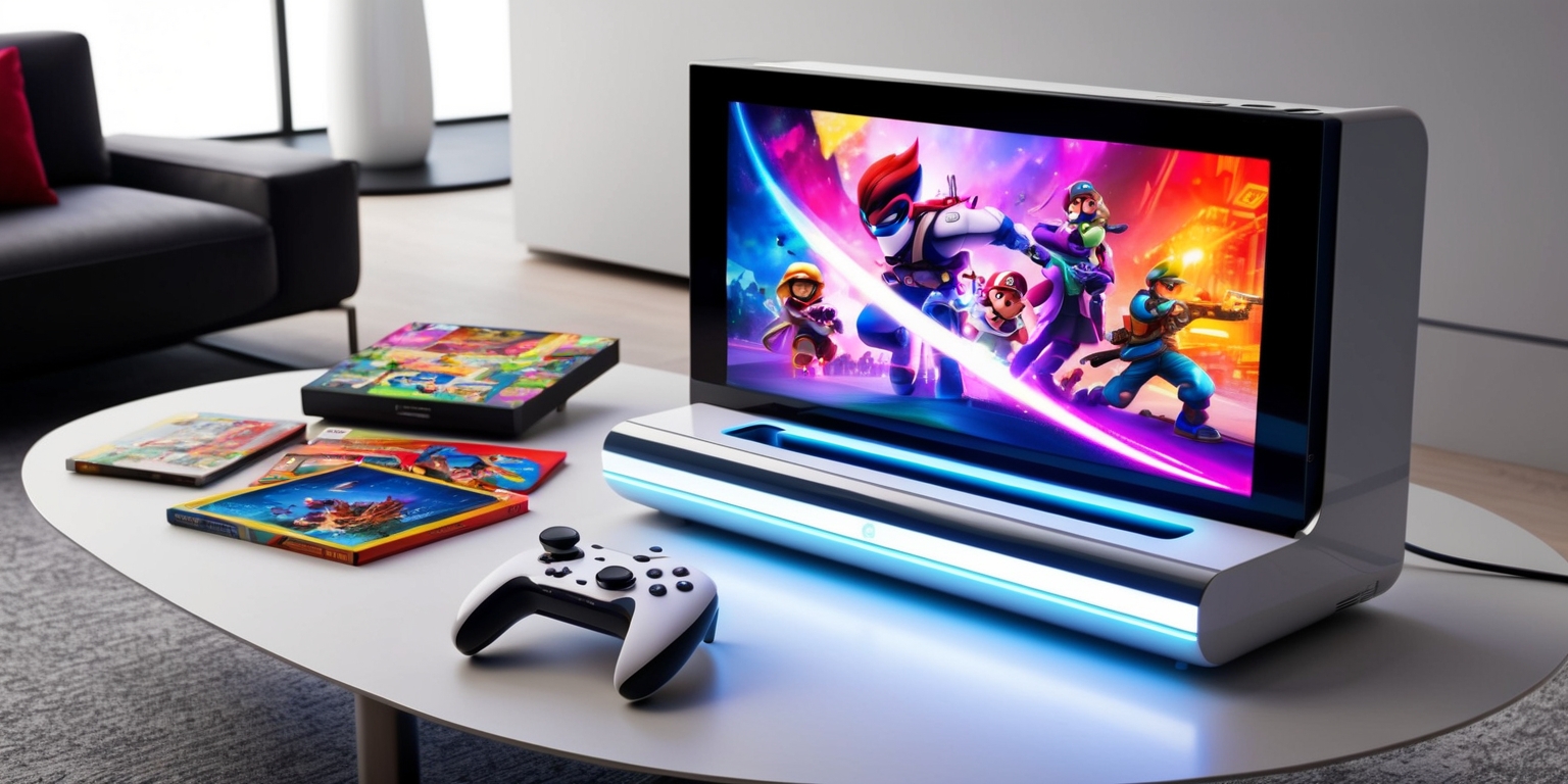 A sleek, futuristic next-generation Nintendo console with a glossy finish, sitting on a modern living room table, surrounded by vibrant colorful games and accessories, featuring a large high-definition screen displaying a vibrant game scene with detailed characters and environments, the console's design is a fusion of modern minimalism and futuristic flair, with a subtle LED light strip illuminating the device's curves, the controller lies nearby with a mix of traditional buttons and innovative gesture-sensing technology, the overall aesthetic is a blend of sleekness and playfulness, with bold Nintendo logos and typography in a bright, eye-catching color scheme, the scene is set against a neutral background that allows the console to take center stage.