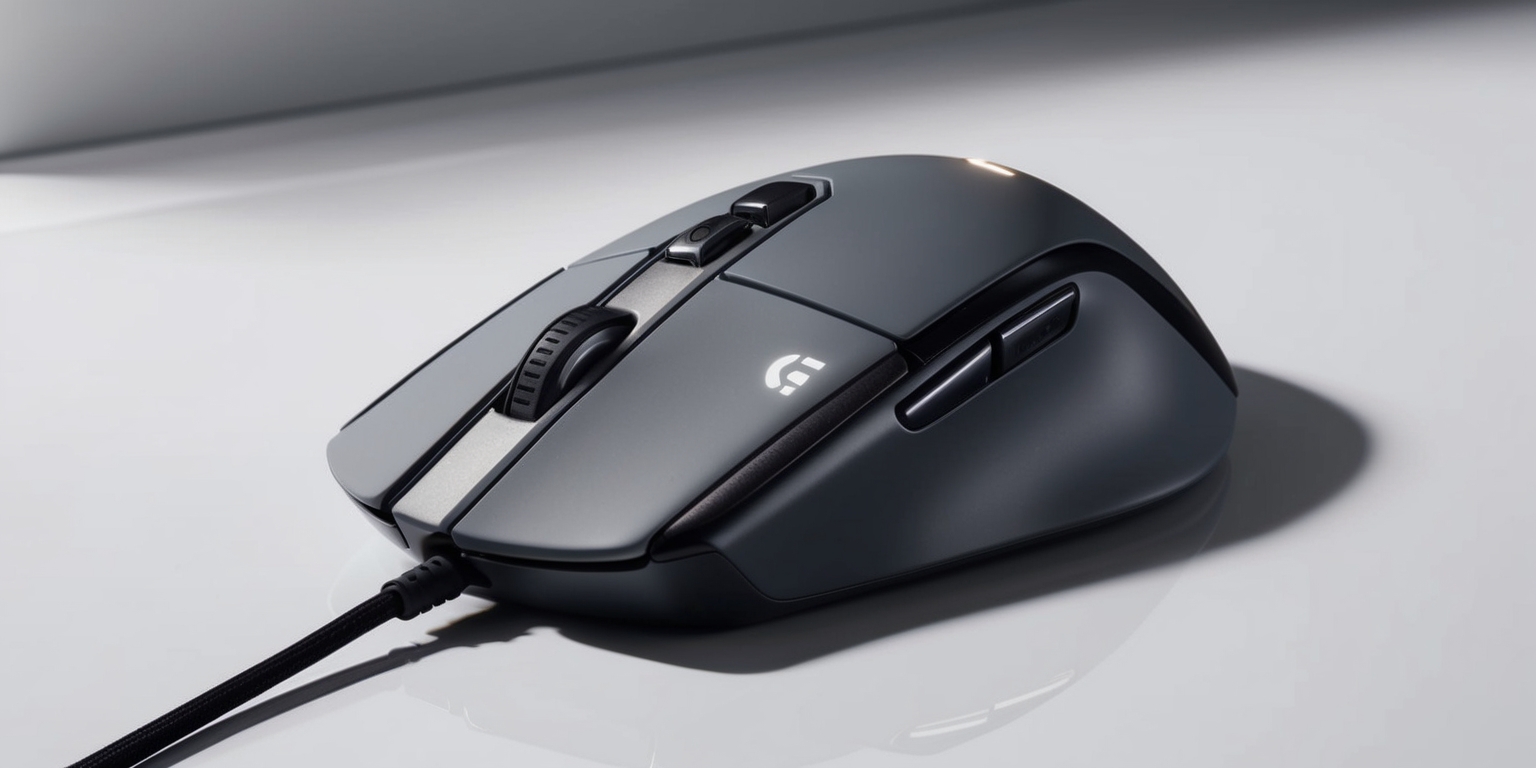 A high-angled view of a sleek Logitech G Pro X Superlight 2c gaming mouse on a clean, minimalist background, with the mouse's matte grey and black ergonomic design and subtle curves prominently displayed, its scroll wheel and buttons visible, and the Logitech G logo visible on the mouse's exterior, in a modern and futuristic style, with a slight reflection on the surface below, and a shallow depth of field to draw attention to the mouse itself, with a neutral color palette and soft, even lighting to accentuate the mouse's features and textures.