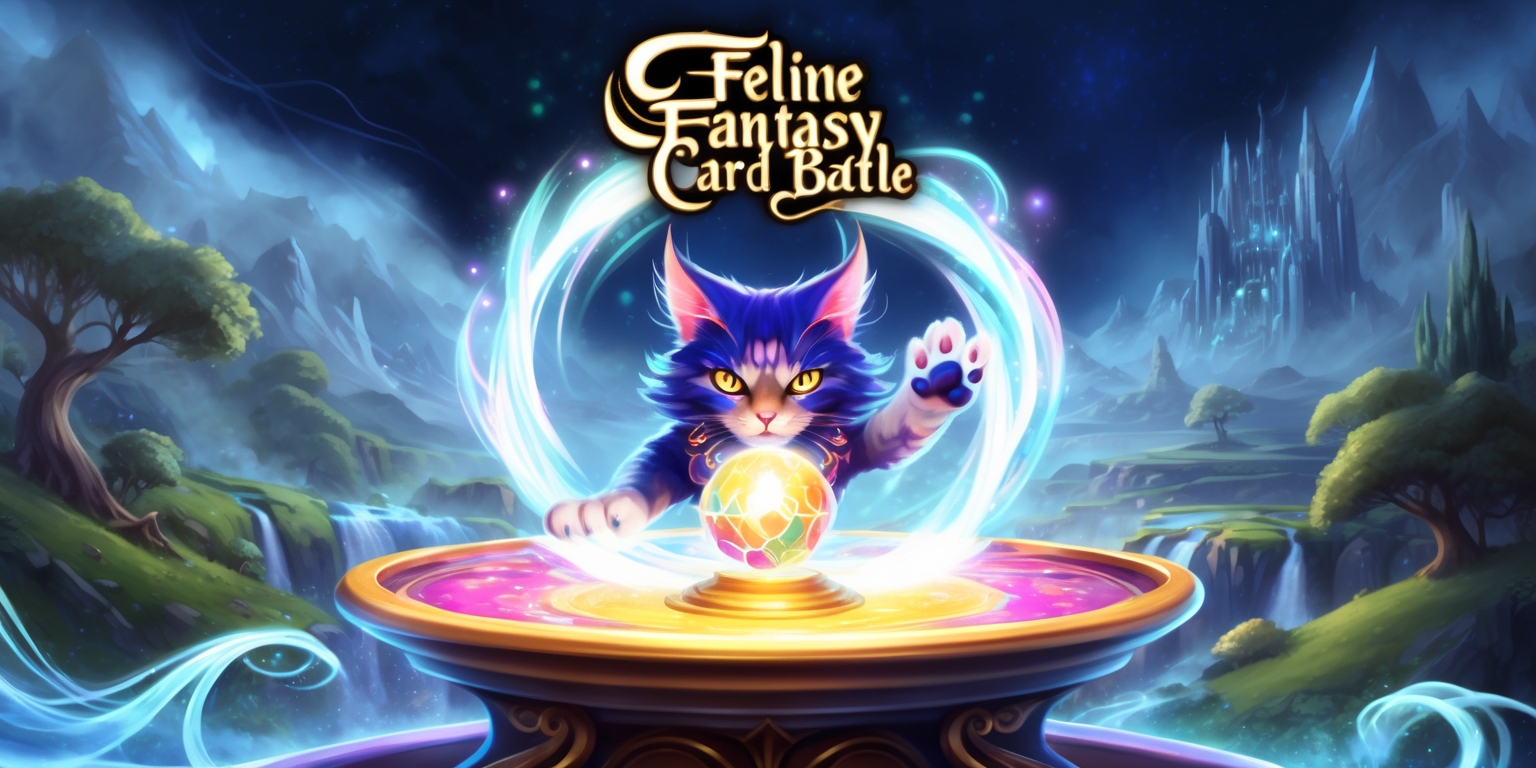 A vibrant, whimsical illustration of a mystical feline warrior standing on a ornate, curved pedestal, surrounded by a halo of luminescent, swirling mist, with a sprawling, intricately designed fantasy landscape unfolding behind, featuring misty mountains, towering trees, and shimmering waterfalls, as the feline's majestic, glowing eyes gaze intensely upon a mystical, glowing crystal orb hovering above its outstretched paw, with the orb radiating a kaleidoscope of colors, symbolizing the feline's mastery over the magical forces, as delicate, ethereal wisps of cloud-like energy dance around the pedestal, amidst a backdrop of midnight blue and starry night sky, with the game's logo, a stylized, golden font with curved, flowing lines and subtle, shimmering effects, emblazoned above the feline's head, reading Feline Fantasy Card Battle in bold, cursive script.