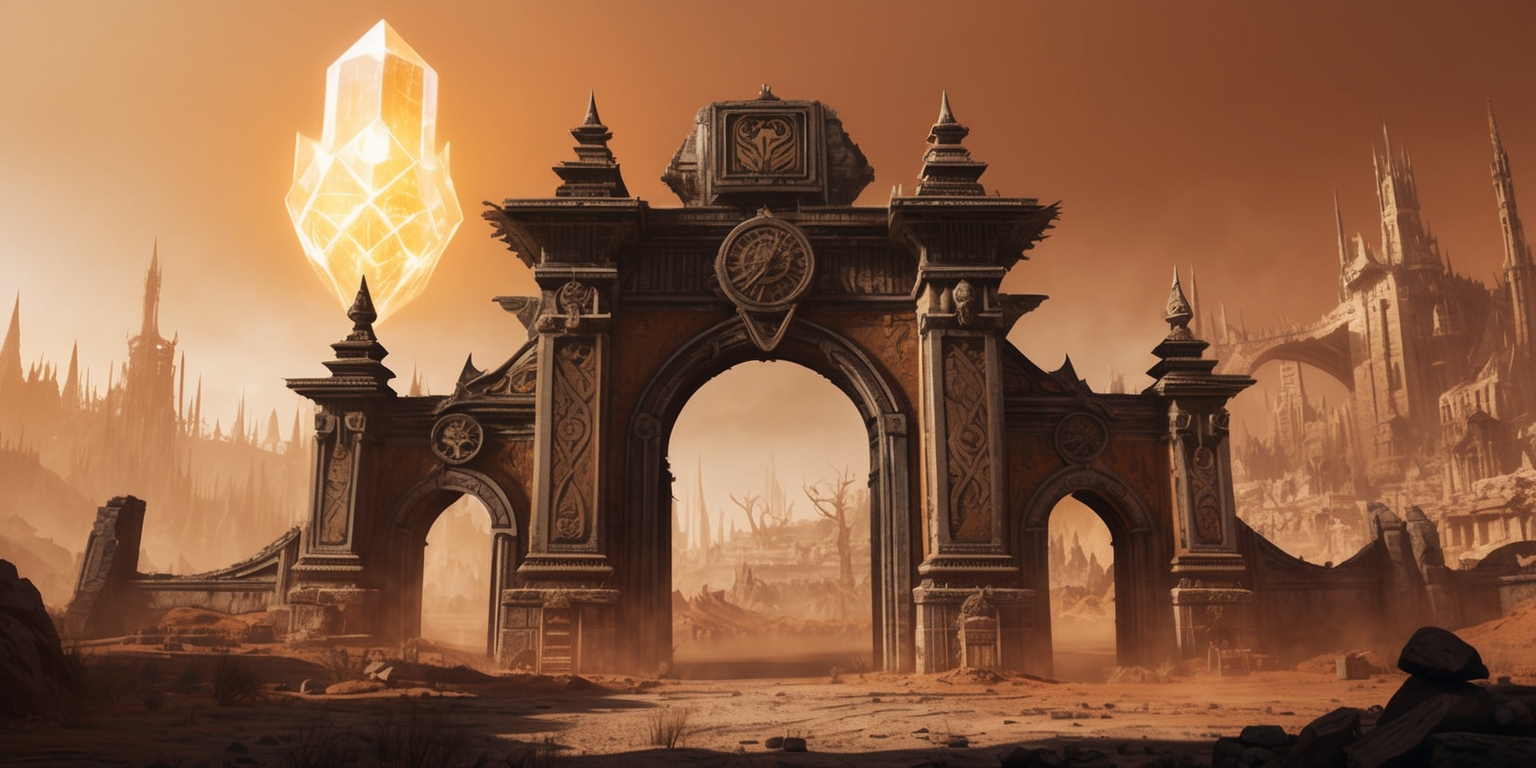 A futuristic, dystopian landscape from the video game Oblivion Remastered, featuring a grand, ornate gate adorned with intricate stone carvings and mystical symbols, set against a backdrop of a sprawling, ruined cityscape with crumbling spires and towers, surrounded by a hazy, orange-brown atmosphere, with a massive, glowing crystal hovering in the distance, emitting a warm, ethereal light that illuminates the desolate environment, with hints of ancient magic and foreboding mystery, rendered in a highly detailed, photorealistic style with subtle textures and realistic lighting effects.