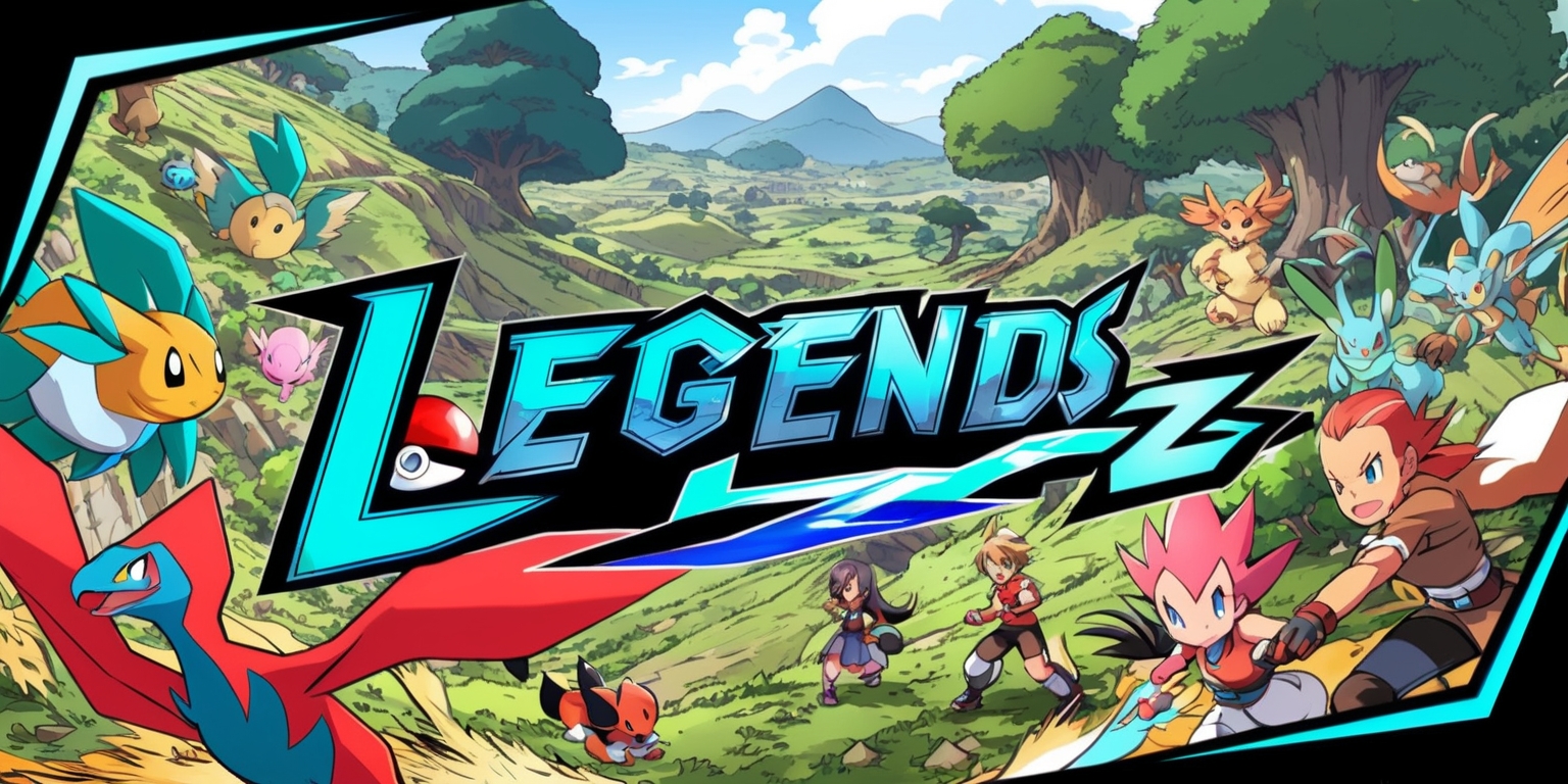 A vibrant, action-packed scene from Pokémon Legends: Z-A game, set in a lush, sprawling landscape with rolling hills and towering trees, featuring a diverse cast of Pokémon and their trainers, with a mix of earthy tones and bright, poppy colors, in a dynamic, comic book-inspired style, with bold lines and textures, and a sense of movement and energy, with the Pokémon and trainers positioned in a dramatic, diagonal layout, and the game's logo prominently displayed in a modern, futuristic font, with sharp, angular lines and a metallic sheen, in a bright, electric blue color that jumps off the page.