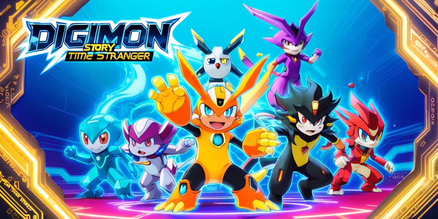 A vibrant, futuristic illustration depicting a scene from the Digimon Story: Time Stranger game, set against a bright blue background with swirling clouds ofcode and circuits. In the foreground, a group of Digimon characters, each with unique digital features and colors, stand heroically, showcasing their battles poses and evolutions. Agumon, the main protagonist, stands at the center, its orange and yellow body glowing with an aura of determination. Gabumon, Biyomon, and Tentomon surround it, each with their own distinct expressions and postures. The Digimon are surrounded by glowing, neon-lit coding lines and geometric patterns, adding a sense of digital depth to the scene. In the top-left corner, the Digimon Story: Time Stranger logo appears in bold, futuristic font, with a metallic sheen and a vibrant blue glow. The overall style blends anime-inspired character designs with futuristic, high-tech elements, evoking a sense of adventure and exploration.