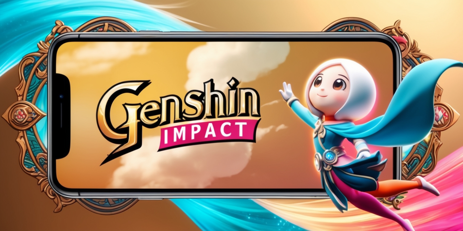 A sleek, modern, and vibrant digital illustration of the Genshin Impact app's interface on a high-resolution smartphone screen, showcasing the game's iconic logo, a stylized	font with the words Genshin Impact in a curved line, set against a warm, golden-hued background with subtle, wispy cloud patterns, surrounded by ornate, intricately designed borders with a mix of Eastern and fantasy elements, featuring Paimon, the game's beloved mascot, floating beside the logo, gazing upwards with large, shining eyes, her skin a soft, porcelain-like complexion, dressed in her signature outfit with a flowing, silk-like cape, amidst a mesmerizing array of colors, including shades of turquoise, pink, and orange, evoking a sense of adventure, wonder, and enchantment, with subtle highlights and shadows, and a slight glow effect to give the image a sense of depth and dimensionality.