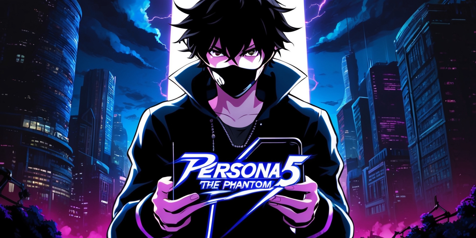 A vibrant, stylized illustration of the fictional game Persona 5: The Phantom X depicting the game's protagonist, a rebellious high school student with messy, unkempt black hair and piercing gaze, standing confidently in a dimly lit, neon-lit cityscape at dusk, surrounded by sprawling skyscrapers, with the iconic Phantom Thief mask worn around their neck, and a sleek, high-tech smartphone in hand, with the game's logo emblazoned on the screen in bold, electric blue letters, set against a backdrop of midnight blue and purple hues, with hints of deep crimson, evoking a sense of mystery, rebellion, and high-stakes adventure, in a dynamic, anime-inspired art style reminiscent of the Persona series.
