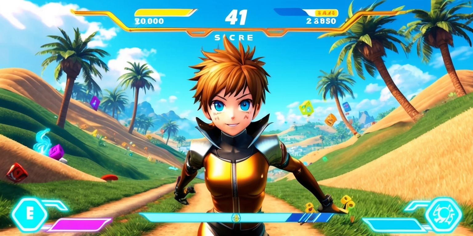 A vibrant mobile game screenshot of an Isekai endless runner, featuring a anime-style protagonist with distinctive facial features, bright blue eyes, and short spiky hair, running in a fantastical world with rolling hills, towering palm trees, and a clear blue sky, the game's user interface displays a score counter in a bold, modern font, with colorful power-ups and obstacles scattered throughout the landscape, the protagonist's skin has a warm, golden undertone, and they are dressed in a sleek, high-tech outfit with metallic accents, the game's title logo is emblazoned across the top of the screen in a futuristic, cursive script, with a tagline written in a smaller, sans-serif font below it, the overall aesthetic is fast-paced, energetic, and full of vibrant colors, with a focus on dynamic movement and action.