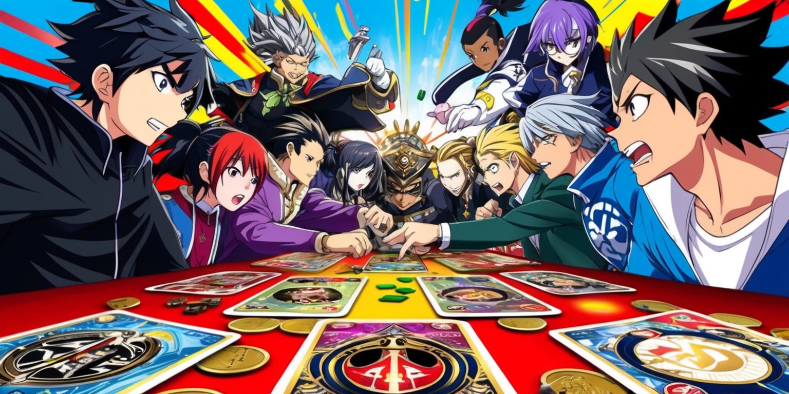 A vibrant anime-style illustration of a card game in action, set against a dynamic background with bold lines and bright colors, featuring various anime characters with distinct facial features, diverse skin tones, and unique attributes, engaged in an intense card clash, with cards scattered across the table, each card showcasing intricate designs, Japanese-inspired motifs, and stylized logos, the characters' emotions and reactions evident on their faces, with some having determined looks, others showing excitement or disappointment, the overall atmosphere energetic and competitive, with a mix of digital and traditional media elements, blending 2D and 3D styles, and a captivating layout that draws the viewer into the heart of the game.