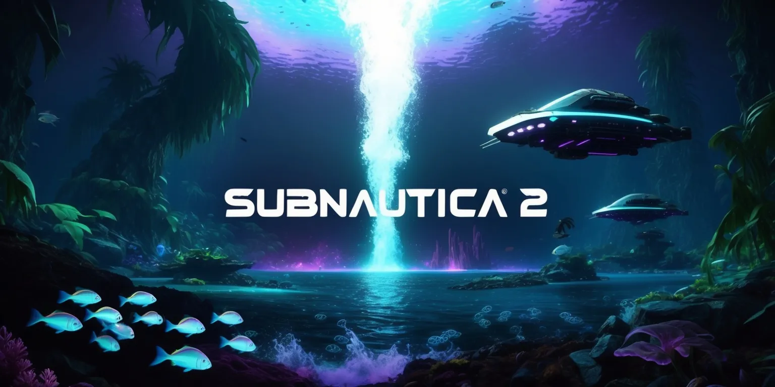 A surreal underwater scene depicting the vast oceanic landscape of Subnautica 2, with an otherworldly glow emanating from the sea floor, surrounded by towering kelp forests and mysterious aquatic creatures, set against a dark blue backdrop with hints of purple and green, featuring a sleek and futuristic underwater vehicle in the distance, with a faint glow of blue and white lights, and a school of bioluminescent fish swimming in the foreground, amidst a flurry of bubbles and gentle ocean currents, with the game's logo subtly integrated into the scenery, in a futuristic and high-tech style with bold white font and a metallic sheen.