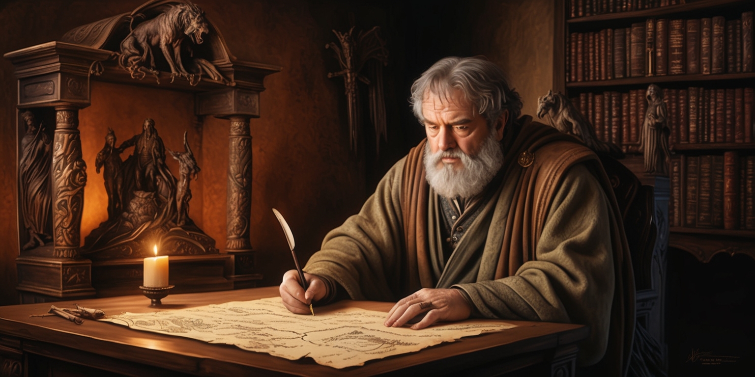 A majestic, ornate wooden desk, adorned with intricate carvings of mythical creatures, sits in a dimly lit, rustic study, surrounded by towering shelves of worn, leather-bound tomes. A single, flickering candle casts eerie shadows on the walls as George R.R. Martin, dressed in a worn, earth-toned robe, sits hunched over the desk, quill in hand, pouring over a parchment filled with handwritten notes and sketches of fantastical beasts. His face, with a bushy white beard and piercing brown eyes, is set in a determined expression, as if unraveling the mysteries of the Seven Kingdoms. The background is a warm, rich brown, evoking a sense of aged parchment, with hints of crimson and gold, symbolizing the struggle between life and death. The entire scene is bathed in a soft, ethereal glow, as if the very essence of the written word is coming to life.