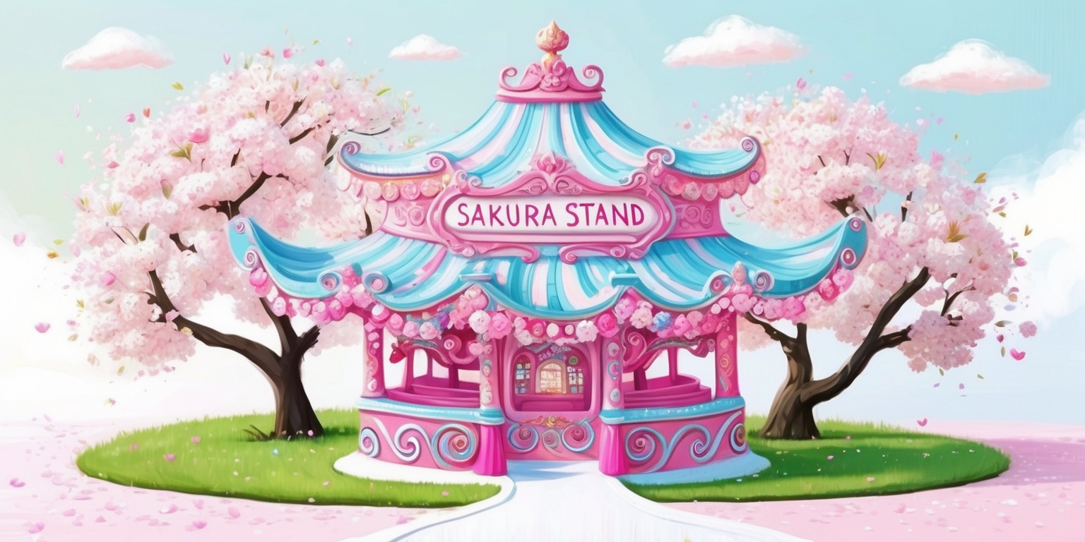 A vibrant, whimsical illustration of a fantastical Sakura Stand game, set against a soft, creamy white sky with subtle, puffy clouds. The Sakura Stand, adorned with delicate, swirling patterns in shades of pale pink and baby blue, takes center stage, its ornate details and intricate designs bursting with joyful energy. Surrounding the stand are lush, blossoming sakura trees, their delicate petals a gentle blend of pale pink and soft peach. The overall aesthetic is playful, dreamy, and inviting, with bold lines and expressive brushstrokes that evoke a sense of childlike wonder. The Sakura Stand's sign, curved in a whimsical, handwritten font, reads Sakura Stand in bold, bubblegum pink letters with subtle, shimmering highlights.