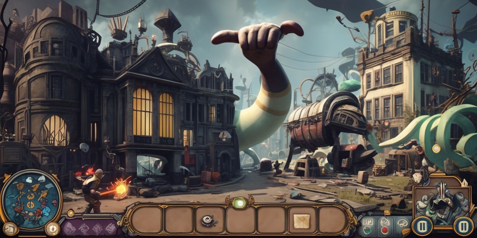 A whimsical, dark fantasy-themed video game screenshot, with a mix of god simulation, strategic business management, and third-person action-adventure elements, featuring a protagonist with a unique oversized appendage, set against a backdrop of British-inspired architecture, with muted color tones, intricate details, and eclectic textures, showcasing the game's innovative mechanics, such as combat and production tasks, with subtle hints of magical and industrial elements, and a sense of dynamic movement, as if the scene is unfolding in a state of creative chaos, with bold lines, and stylized visuals, highlighting the game's experimental and unpredictable nature.