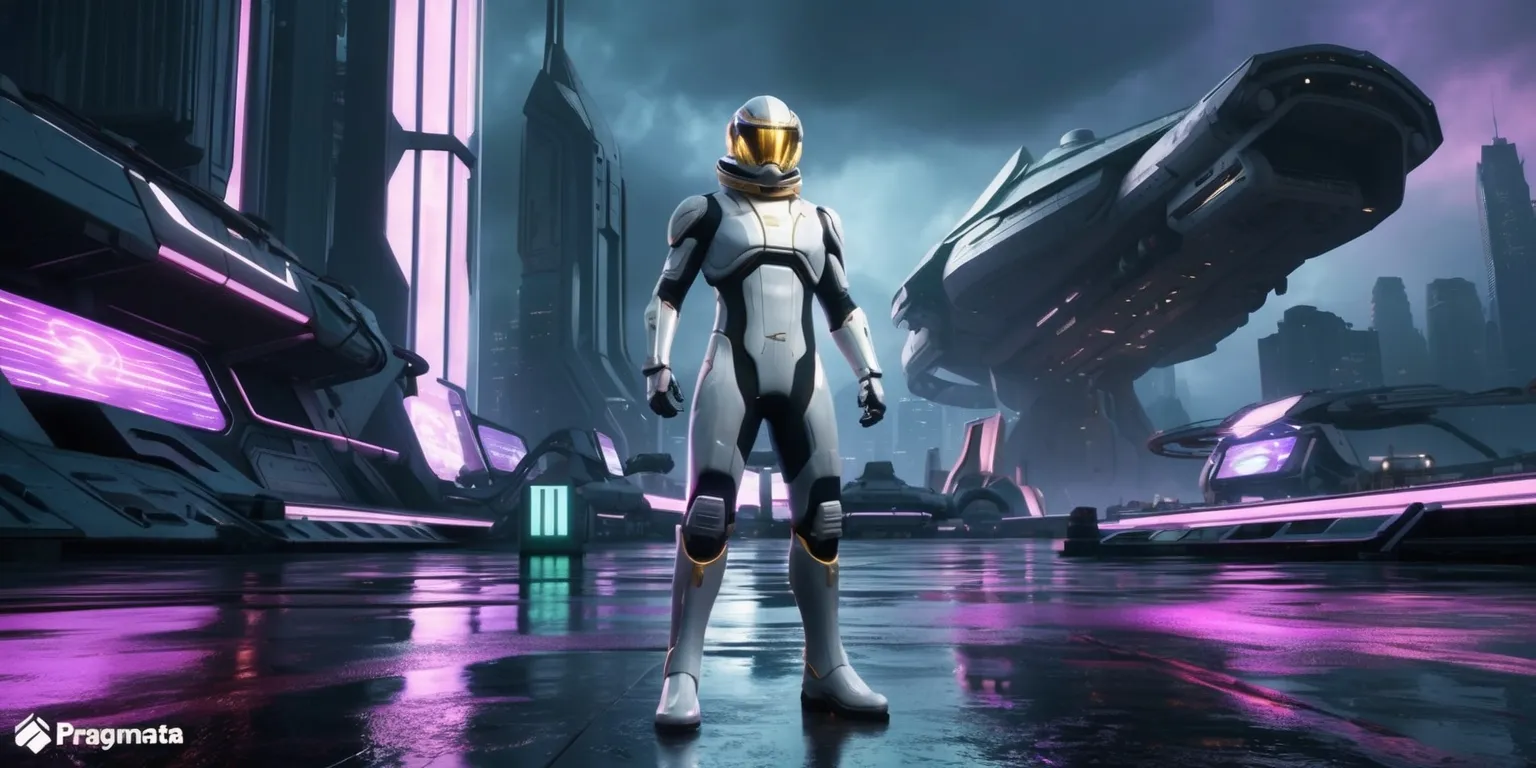 A futuristic scene from the Pragmata game, set in a dystopian city with sleek skyscrapers and neon lights reflecting off wet pavement, featuring a central figure in a futuristic white and silver spacesuit with a gold visor, standing heroically with a determined expression, surrounded by holographic projections and advanced technology, with a massive, ominous spacecraft looming in the background, under a dark and moody sky with hints of purple and blue, in a highly detailed and realistic digital art style, with bold lines and vibrant colors, and a sense of dynamic movement and energy, capturing the essence of the game's themes of exploration and discovery.