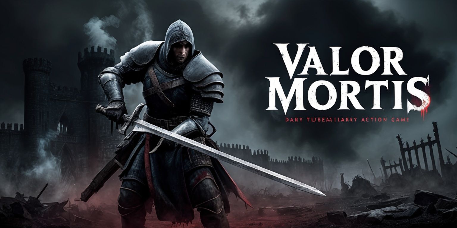 Dynamic promotional key art for “Valor Mortis,” a dark supernatural action game set in a grim, war-torn world. Feature a determined armored warrior in the foreground, gripping a weathered sword and surrounded by faint spectral energy, with a shadowy gothic fortress, ruined battlefield, drifting smoke, and ominous storm clouds behind them. Use dramatic cinematic lighting with deep blacks, charcoal gray, muted crimson, and cold steel-blue highlights, creating a tense, haunting atmosphere. Highly detailed realistic digital painting, sharp textures, powerful composition, strong contrast, atmospheric depth, and a polished modern video game cover aesthetic. Place the title “VALOR MORTIS” prominently near the top in bold distressed gothic lettering, pale bone-white with subtle metallic texture and a faint crimson glow.