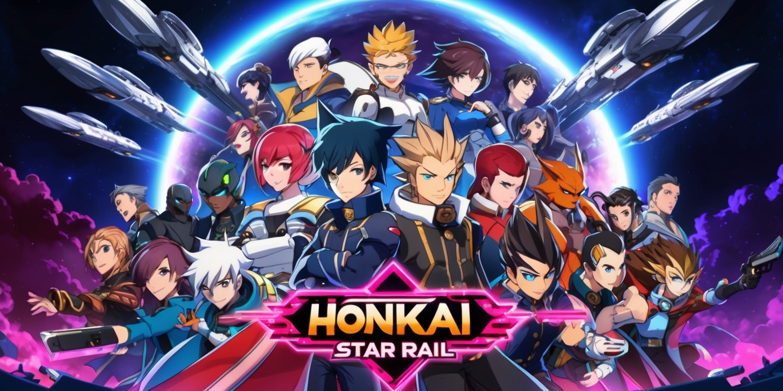 A stunning, vibrant illustration of the Honkai: Star Rail game, featuring a dramatic space-faring scene with sleek, futuristic spacecrafts and celestial bodies in the background, set against a kaleidoscope of colors, including deep blues, purples, and pinks. In the foreground, a diverse group of characters from the game are gathered, each with their unique attire, hairstyles, and facial features, such as Herta with her short, spiky hair and Gepard with his striking, angular face. The characters are posed in dynamic, energetic stances, conveying a sense of adventure and camaraderie. The overall style is a blend of anime and sci-fi elements, with bold lines, intricate details, and a sense of movement and energy. The Honkai: Star Rail logo, emblazoned with a stylized, futuristic font, takes center stage, surrounded by subtle, glowing effects that add to the sense of excitement and exploration.