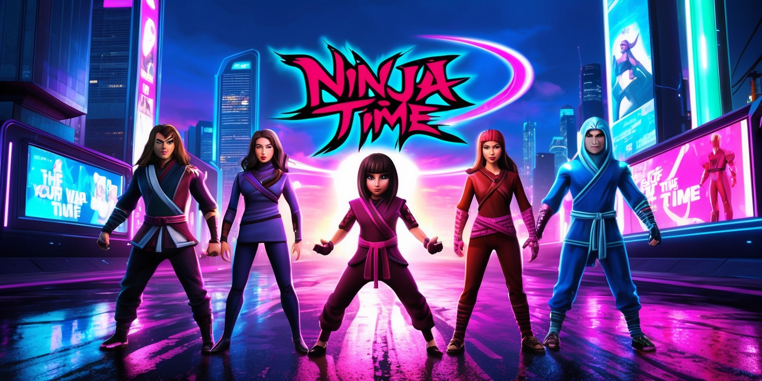 A vibrant, action-packed scene depicting a futuristic, neon-lit cityscape at dusk, with sleek skyscrapers and holographic advertisements reflecting off the wet pavement, set as the background for the Ninja Time game. In the foreground, a group of four diverse ninja characters, each with unique costumes, hairstyles, and facial features, stand in a heroic pose, surrounded by a halo of light. The ninjas' skin tones range from porcelain doll-like complexion to deep, rich brown, with subtle, nuanced expressions. The game's logo, Ninja Time in bold, graffiti-style font with a metallic sheen, dominates the top center of the image, while the tagline Slice Your Way to Victory curves around it in a stylized, cursive script. The color palette is a fusion of electric blues, hot pinks, and neon greens, evoking a sense of high-energy excitement and futuristic flair.