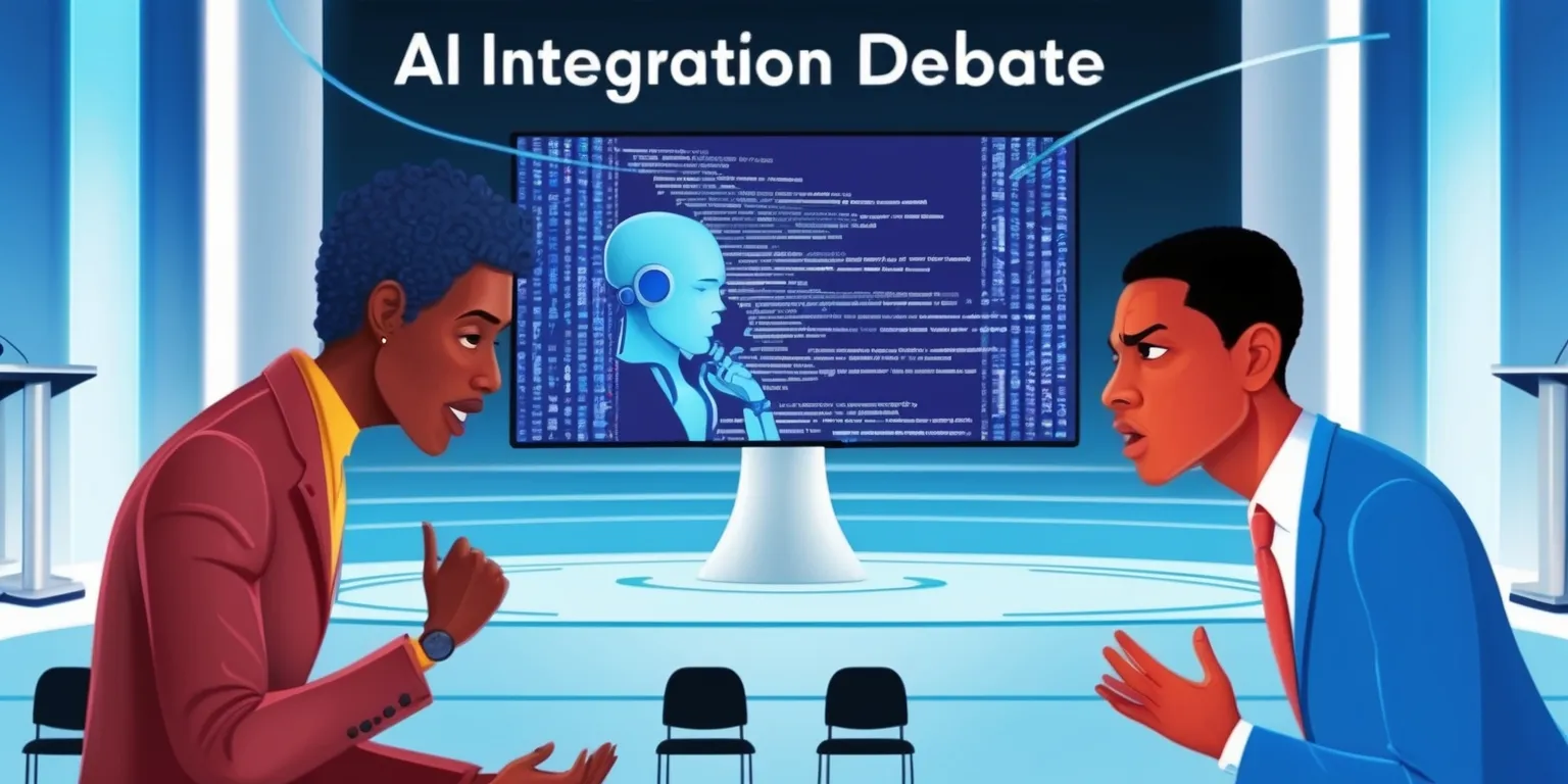 A futuristic illustration of a debate between two individuals with diverse facial features and skin colors, set against a sleek, modern background with a subtle gradient of blues and whites, representing the fusion of human intellect and artificial intelligence, with a large screen display behind them showing lines of code and AI-generated graphics, while they engage in a heated discussion, one person gesturing emphatically with their hand, the other listening intently with a thoughtful expression, surrounded by empty chairs and a podium in the foreground, with a bold, sans-serif font headline reading AI Integration Debate in a curved line above the debaters, and a smaller tagline below in a lighter font, exploring the ethics and implications of AI integration in society.
