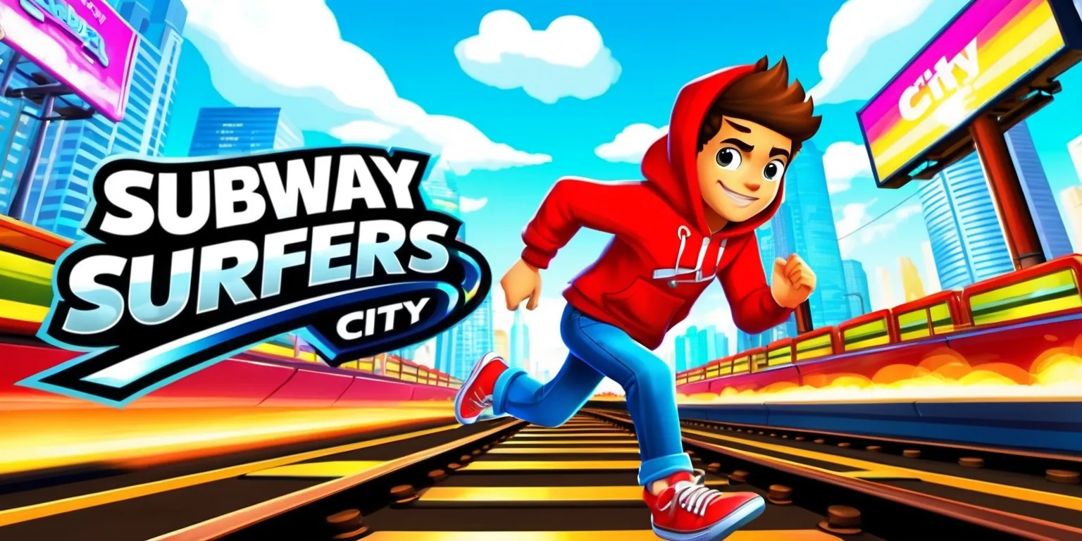 Vibrant and dynamic scene of the Subway Surfers City game, with a young male character wearing a red hoodie and sneakers, running on the Subway tracks, surrounded by tall skyscrapers and neon billboards, with a bright blue sky and fluffy white clouds in the background, incorporating bold lines, sharp edges, and a mix of warm and cool colors, featuring the words Subway Surfers in a bold, futuristic font with a metallic silver color, and the city name in a curved line above the game title, with a sense of speed and energy emanating from the character and the environment.