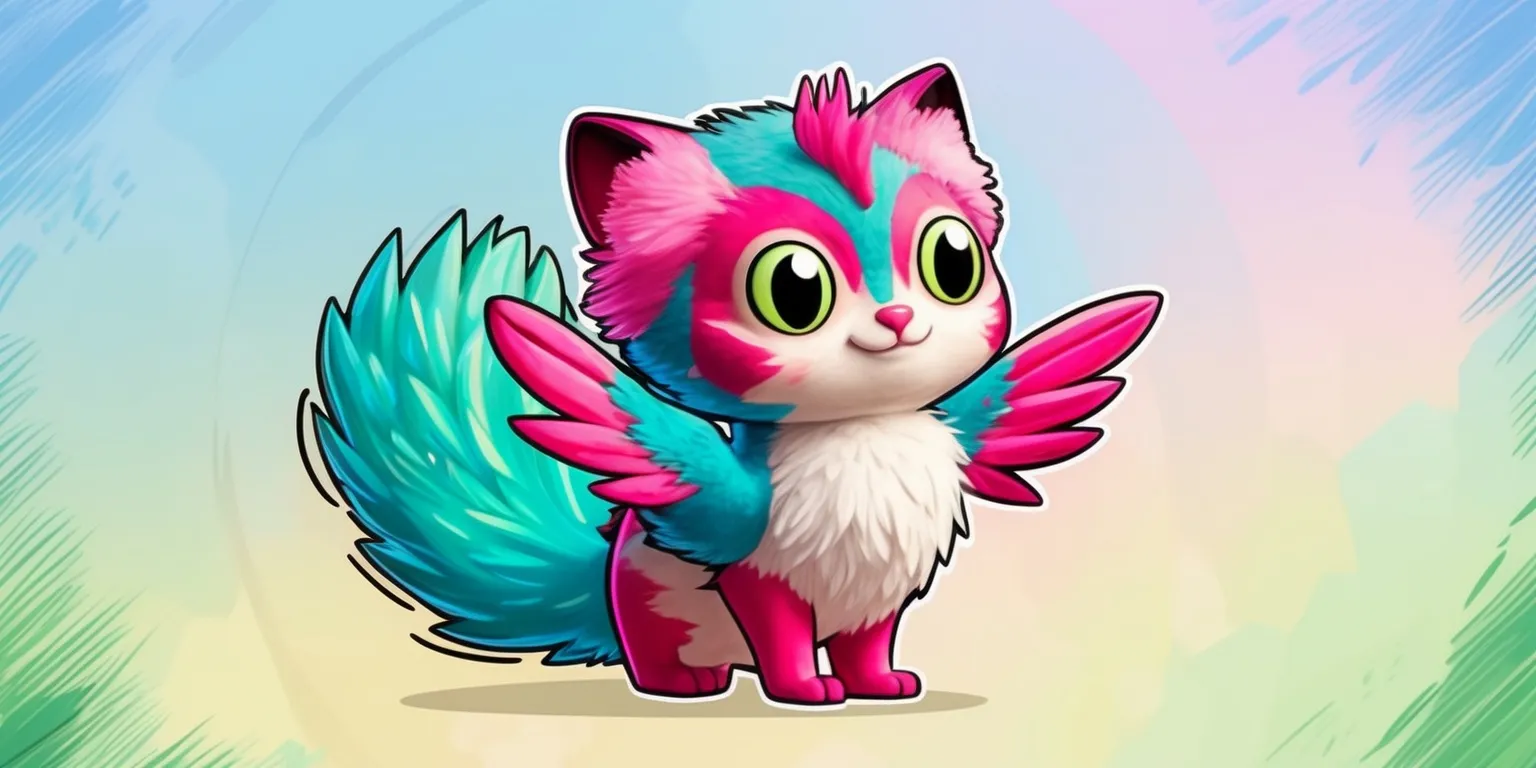 A colorful digital illustration of a unique creature from the Palworld game, featuring a vibrant and whimsical design with detailed textures and patterns, set against a soft, gradient background with pastel hues of blue and green, the creature has large, round eyes with vertical pupils, fluffy fur with a mix of bright pink and turquoise colors, and a small, button nose, its body is a combination of feline and avian characteristics, with delicate wings and a long, fluffy tail, the overall style is reminiscent of anime and manga, with bold lines, subtle shading, and a sense of gentle wonder, the creature's facial expression is curious and friendly, with a slight smile and a tilt of its head, every detail is meticulously rendered in a captivating and imaginative way.