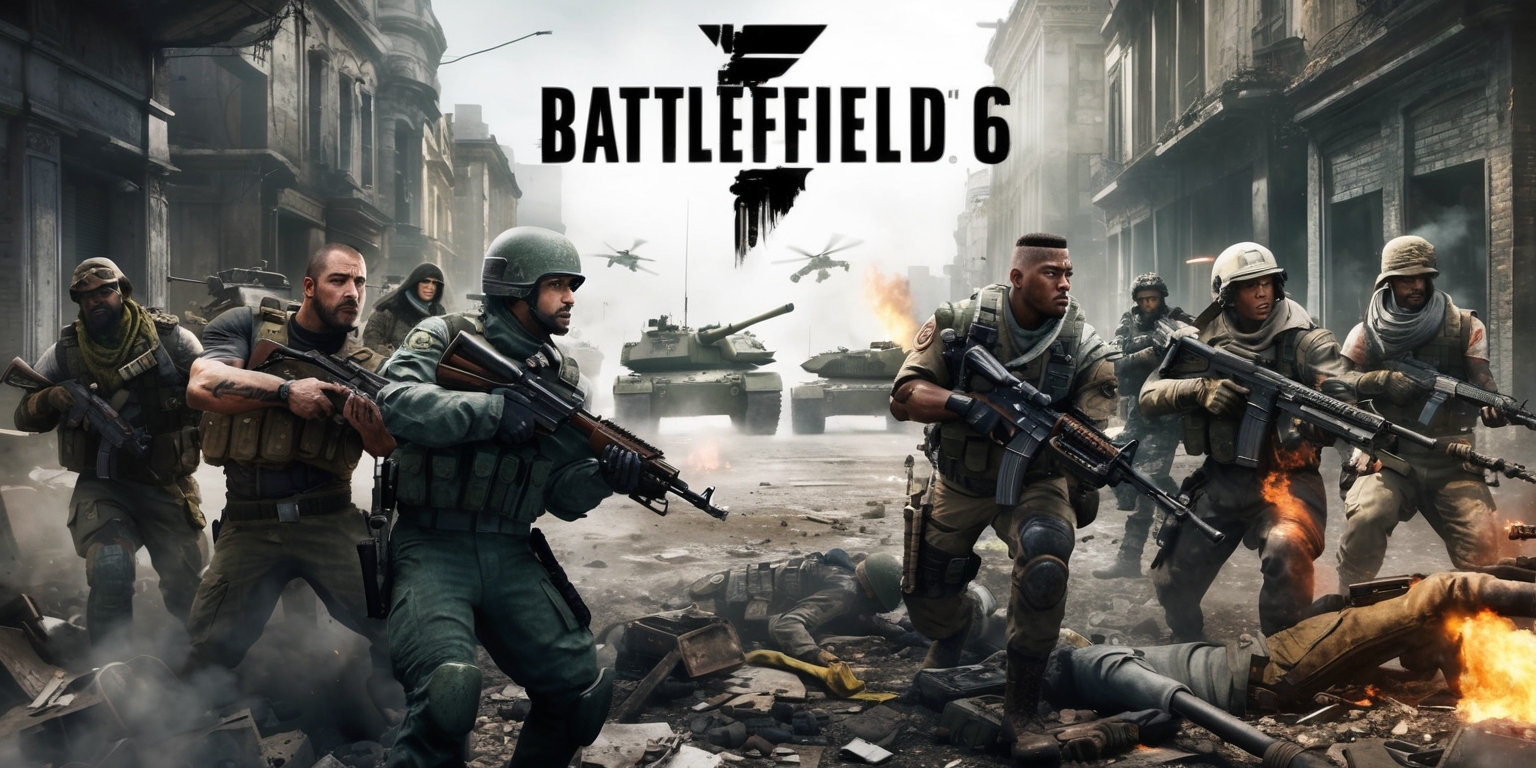 A dynamic and intense scene from Battlefield 6, set in a war-torn, urban environment with ruined buildings and debris-filled streets, featuring a mix of soldiers from different factions, with varied facial features, skin colors, and unique attributes, such as scars, tattoos, and distinctive uniforms, amidst a backdrop of smoke, fire, and explosions, with a focus on the gritty, realistic aesthetics and a muted color palette with shades of gray, brown, and green, and in the distance, a variety of military vehicles, including tanks, helicopters, and jets, with the game's logo subtly integrated into the scene, in a stylized, modern font, with bold lines and metallic colors.