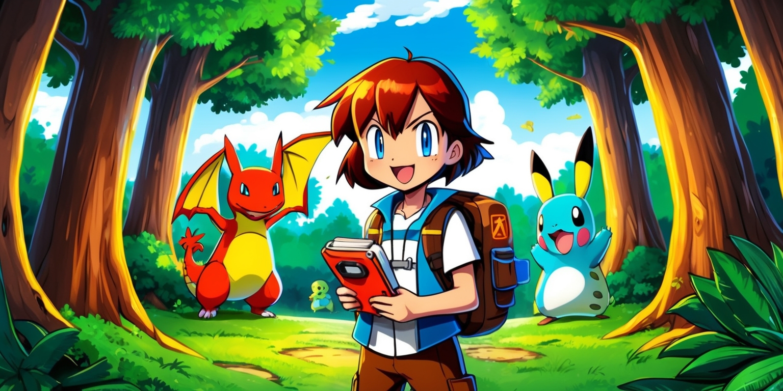 A vibrant and detailed illustration of a Pokémon game scene, featuring a young trainer with short brown hair and bright blue eyes, standing in a lush green forest surrounded by tall trees, with a few Pokémon visible in the background, including a Charizard and a Pikachu, the trainer is holding a Pokédex and wearing a backpack, the atmosphere is lively and adventurous, with warm sunlight filtering through the trees, and a few clouds in the sky, the style is reminiscent of the classic Pokémon games, with bold lines and bright colors, the layout is dynamic, with the trainer and Pokémon positioned in a circular formation, and the Pokédex and backpack are prominently displayed, the overall aesthetic is nostalgic and exciting, capturing the sense of wonder and exploration of the Pokémon world.