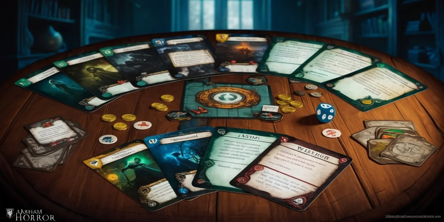 A detailed illustration of a tabletop game setup featuring Arkham Horror: The Card Game, with multiple cards laid out on a wooden table, showcasing a mix of investigator cards, asset cards, and scenario cards, each with its own unique artwork and design, the cards are surrounded by tokens, dice, and other game components, the background is a blurred image of a dimly lit mysterious room with old bookshelves and eerie artifacts, the dominant colors are dark blues and greens, with flashes of eerie yellow and red, the overall atmosphere is one of mystery and foreboding, with the cards and game components taking center stage.