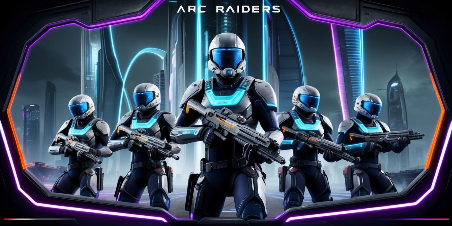 A futuristic sci-fi scene depicting a group of Arc Raiders from the game, set against a backdrop of a dystopian cityscape with sleek skyscrapers and neon lights, the raiders are positioned in the foreground, dressed in high-tech exosuits with metallic armor and glowing blue accents, their facial features are obscured by helmets with tinted visors, the raiders are armed with advanced rifles and standing in a strategic formation, the color palette is dominated by shades of dark grey, blue, and purple, with hints of neon green and orange, the style is reminiscent of a cinematic video game cutscene, with a dynamic layout and framing that emphasizes the raiders' heroic poses, the overall aesthetic is dark, gritty, and intense, with a focus on showcasing the raiders' cutting-edge technology and futuristic gear.
