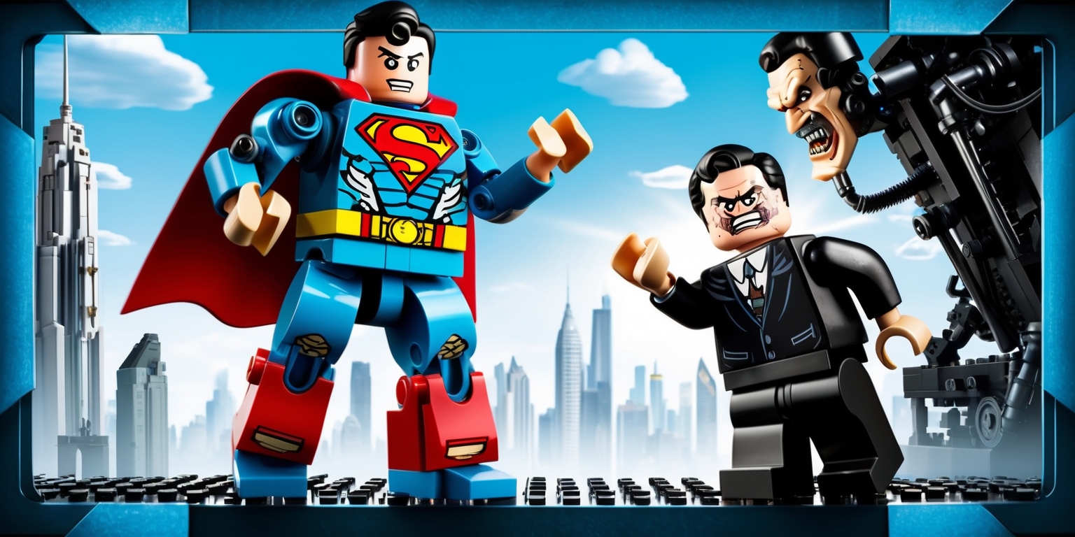 A highly detailed and colorful illustration of a Superman Mech, built from Lego bricks, standing heroic in the foreground, with a bold and confident stance, its mechanical body a fusion of Superman's iconic blue, red, and yellow colors, with metallic accents and glowing blue eyes, amidst a cityscape background with towering skyscrapers and a bright blue sky with softly puffed white clouds, opposing it, a sinister Lex Luthor, crafted from Lego mini-figures, sneering with a maniacal grin, wearing a black business suit, standing in front of a dark, ominous, high-tech lair, complete with screens, wires, and machinery, with a hint of evil glow emanating from within, the entire scene framed by a subtle, gradient blue Lego baseplate, with the Superman Mech and Lex Luthor positioned in a dramatic, confrontational pose, as if ready to clash in an epic battle of good vs. evil.