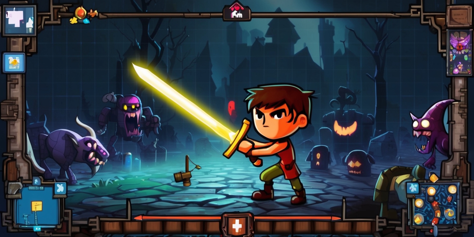 A vivid screenshot of a Roguelike action platformer game with a mix of exploration and combat elements, featuring a lone protagonist with determined facial features and a unique attribute such as a glowing sword, navigating through a procedurally generated dungeon filled with eerie monsters and treacherous obstacles, set against a dark fantasy background with muted colors and dramatic lighting, with a user interface that includes a mini-map, health bar, and skill tree, all presented in a stylized 2D pixel art style with bold outlines and intricate details, and overlaid with a faint grid pattern to emphasize the game's roguelike nature.