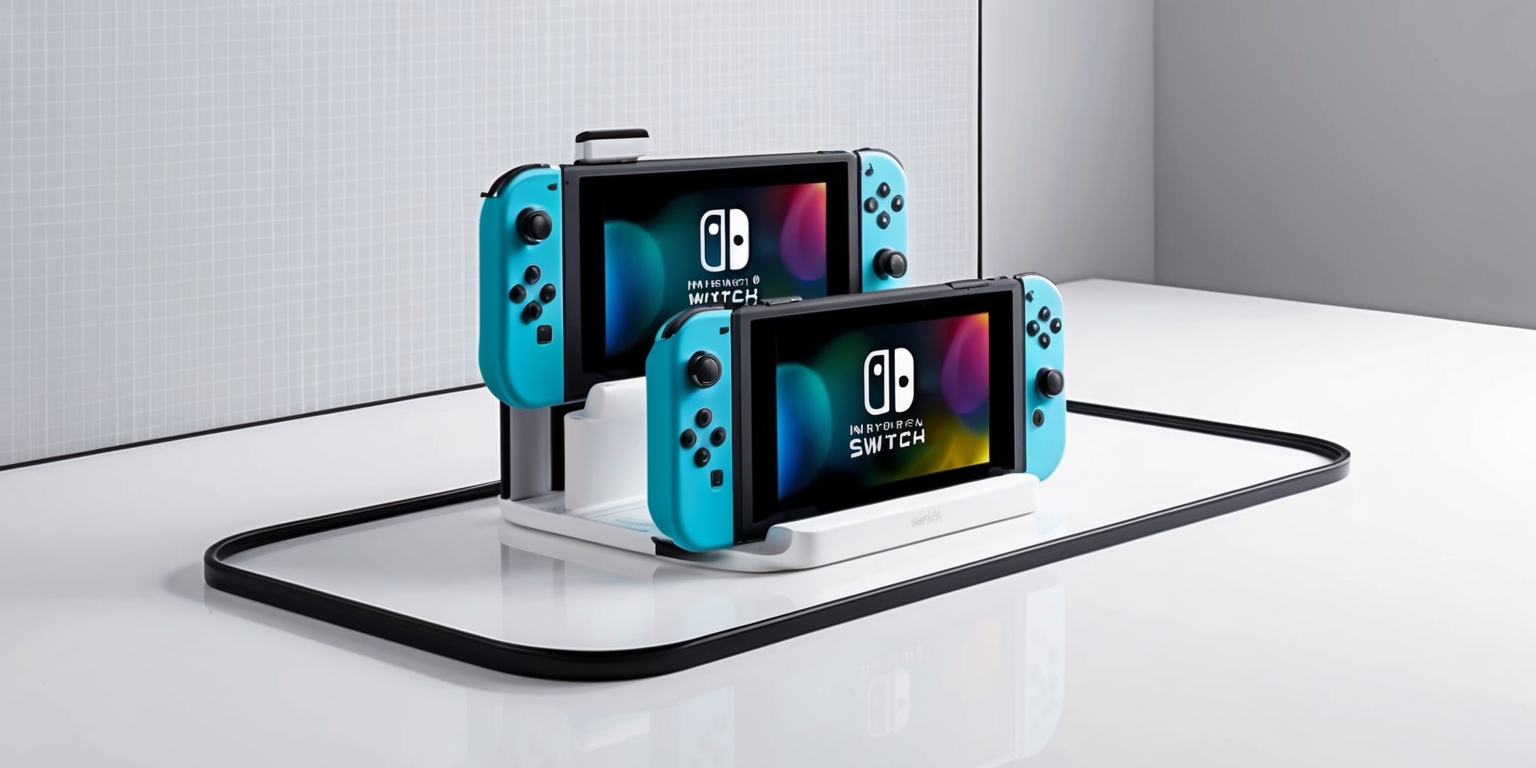 A sleek and modern accessory charging dock for Nintendo Switch, with two docked Switch consoles, one placed horizontally and the other vertically, on a minimalist white background, with a subtle grey grid pattern, and a thin black border around the edge of the frame, the dock itself is a glossy white plastic with a slight sheen, and the Switch consoles are rendered in their original sleek design with vibrant screen displays, the overall aesthetic is clean and futuristic, with a focus on functional simplicity and a color palette of predominantly whites and blacks, with accents of bright colors from the screens, the facial features and skin color of any people are not applicable in this scene as there are no individuals present.