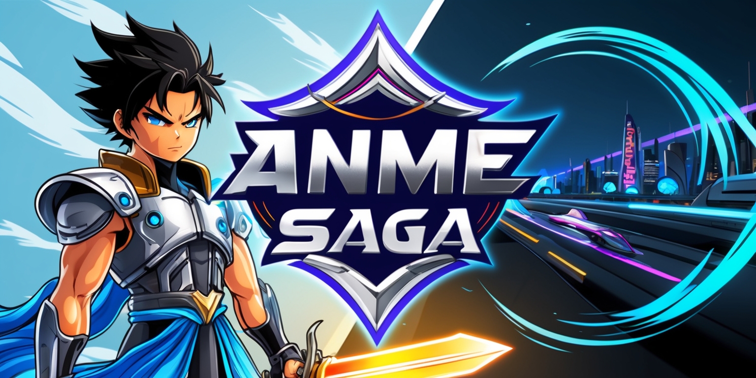 A vibrant, dynamic illustration of an anime-inspired Roblox game, Anime Saga, set against a stylized, gradient blue background with subtle, wispy clouds. The game's logo, in bold, silver Kanji characters with sharp, curved lines, takes center stage, surrounded by swirling, colorful aura effects. The logo's shape resembles a combination mark, blending Japanese and futuristic elements. To the left, a determined-looking anime hero, with short, spiky black hair, piercing blue eyes, and a strong jawline, stands victorious, wielding a glowing, orange sword. The hero's skin has a healthy, golden undertone, and their attire consists of a sleek, high-tech armor with metallic accents and flowing, blue fabric. To the right, a sleek, high-tech cityscape stretches into the horizon, with neon lights, towering skyscrapers, and flying vehicles zipping by. The overall art style blends anime, manga, and science fiction elements, with bold lines, vibrant colors, and dynamic composition.