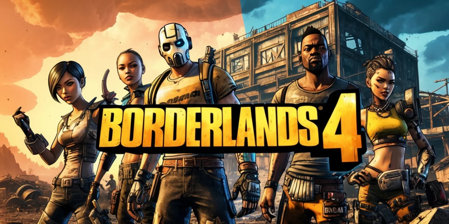 A dynamic digital illustration depicting the vibrant world of Borderlands 4, featuring a gritty post-apocalyptic landscape with rustic metallic hues and neon color accents, set against a dusty orange and blue sky with ominous storm clouds, as a group of four uniquely styled playable characters with distinct facial features and skin tones, including a Caucasian female with short spiky hair and a determined expression, an African American male with a thick beard and a confident smirk, an Asian female with a punk rock inspired outfit and a fierce gaze, and a Latino male with a cyborg arm and a tough demeanor, stand bravely in front of a dilapidated industrial building, surrounded by debris and wreckage, with the Borderlands 4 logo emblazoned prominently in bold, metallic letters with a distressed texture, in the center of the composition, with a subtle gradient effect and detailed shading to enhance the overall cinematic feel.