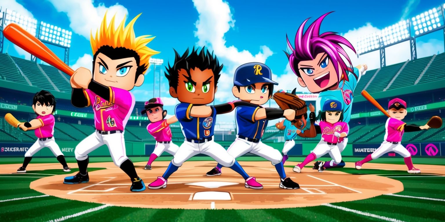 A vibrant, digitally illustrated scene of a Roblox-inspired anime baseball game, with stylized characters having exaggerated facial features, bright, shimmering eyes, and dynamic, spiky hair, set against a backdrop of a lush green baseball stadium with a clear blue sky, the characters wearing bold, colorful uniforms with distinctive logos and patterns, the baseball field marked with crisp, white lines, and the overall atmosphere filled with excitement and energy, the characters in various poses, some swinging bats, others throwing pitches, with a sense of movement and motion, the colors a mix of pastel and neon hues, blending seamlessly with the anime style, the characters' skin tones ranging from fair to medium, with unique attributes such as accessories and hairstyles, the text and logos on the uniforms and stadium signs written in a bold, futuristic font, with a focus on capturing the essence of a lively, action-packed baseball game in a virtual world.