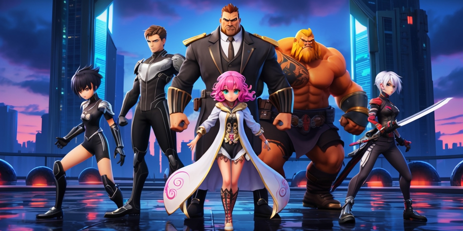 A vibrant digital illustration of a dramatic scene from the Anime Vanguards game, set against a backdrop of a dystopian cityscape at dusk, with towering skyscrapers and neon lights reflecting off the wet pavement. In the foreground, a group of five diverse anime-style heroes, each with unique abilities and attire, stand united against an impending threat. From left to right, there's a lithe, agile warrior with short, spiky black hair and piercing emerald eyes, clad in a sleek black and silver armor; a mature, brooding commander with a rugged jawline, short brown hair, and a distinctive scar above his left eyebrow, wearing a formal, high-tech suit with gold accents; a petite, fearless mage with curly, bright pink hair and an array of colorful tattoos, dressed in a flowing white robe with intricate, swirling patterns; a burly, hulking berserker with a fiery, orange-blond beard and a menacing, tusk-like mouthguard, donning a heavy, crimson armor set with silver trim; and a lithe, enigmatic assassin with short, platinum hair and an androgynous, porcelain-like complexion, attired in a dark, skintight bodysuit with retractable blades on their wrists. The heroes are posed dynamically, with bold lines, vibrant colors, and dramatic shadows, evoking a sense of tension and urgency.